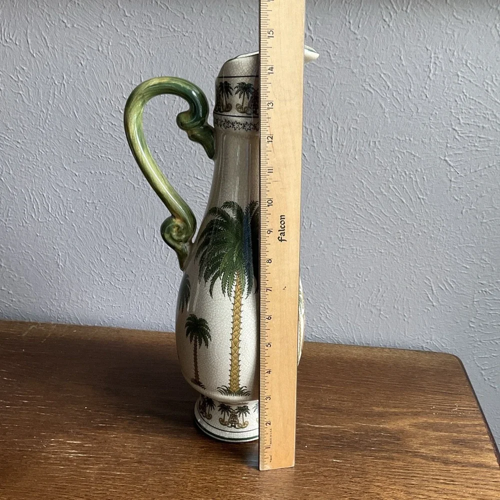 Tropical Palm Tree Coastal Vtg 2001 Ceramic Pitcher Vase 14.5